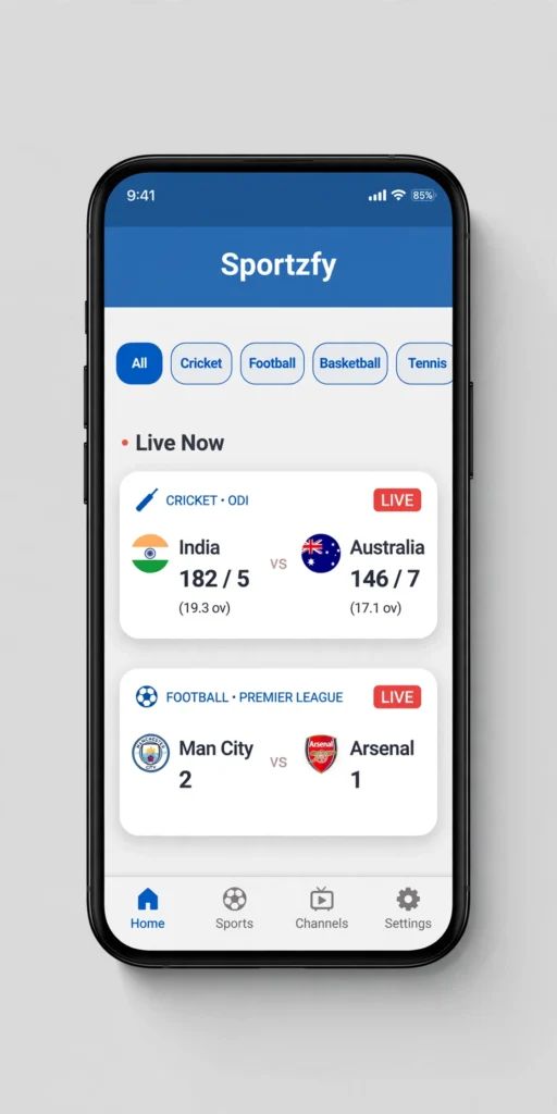 Sportzfy app home screen