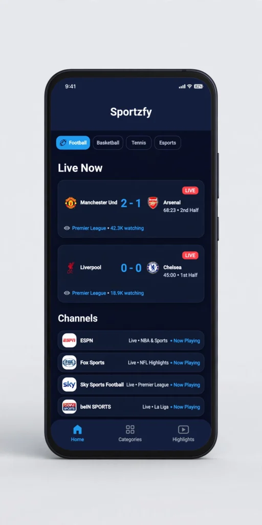 Sportzfy app channels screen