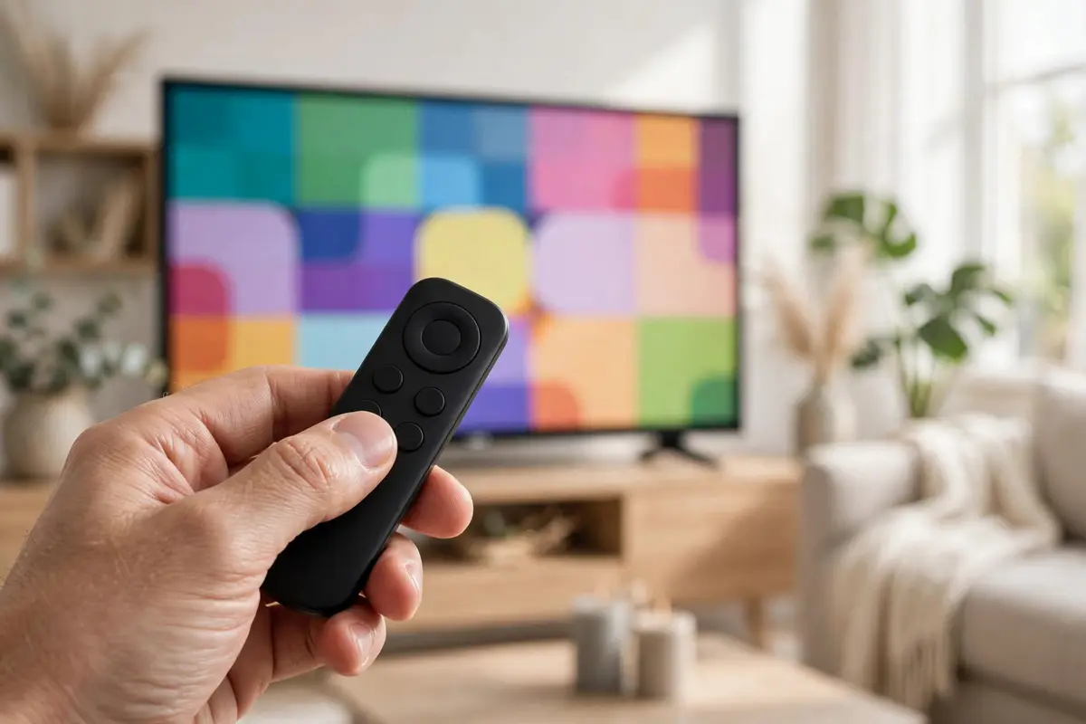 Hand holding a FireStick remote in front of a TV